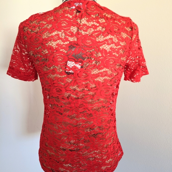 NWT Red Lace Blouse w/Striped Black & White Collar - Picture 4 of 8